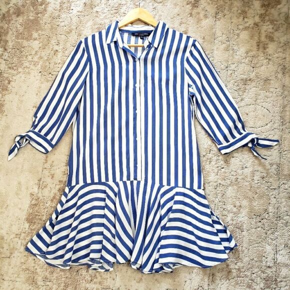 🦋3/$25 One Clothing Small Blue White Striped Button up Ruffle Hem Tunic Top - Picture 1 of 13